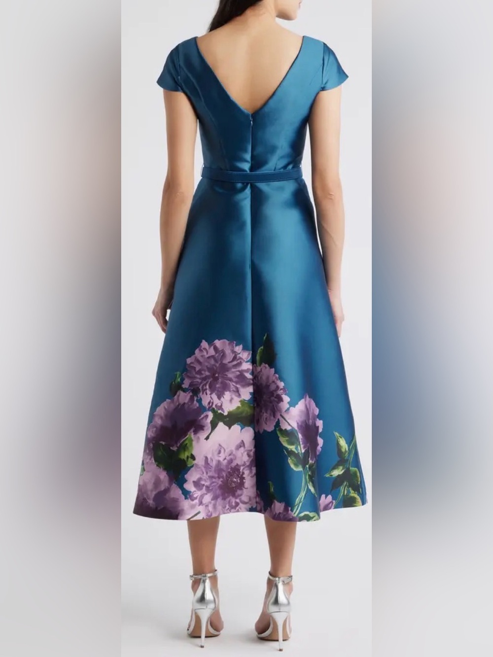 NWOT Kay Unger Ina Floral Belted midi teal blue French Rose Dress sz 12 - Picture 3 of 9